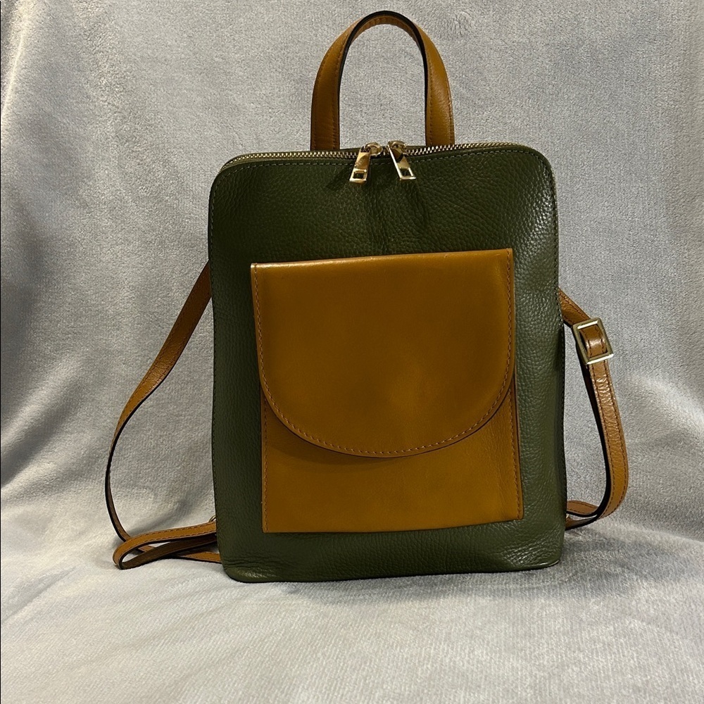 Divina Firenze Green and Tan Leather Backpack with Gold Toned Hardware